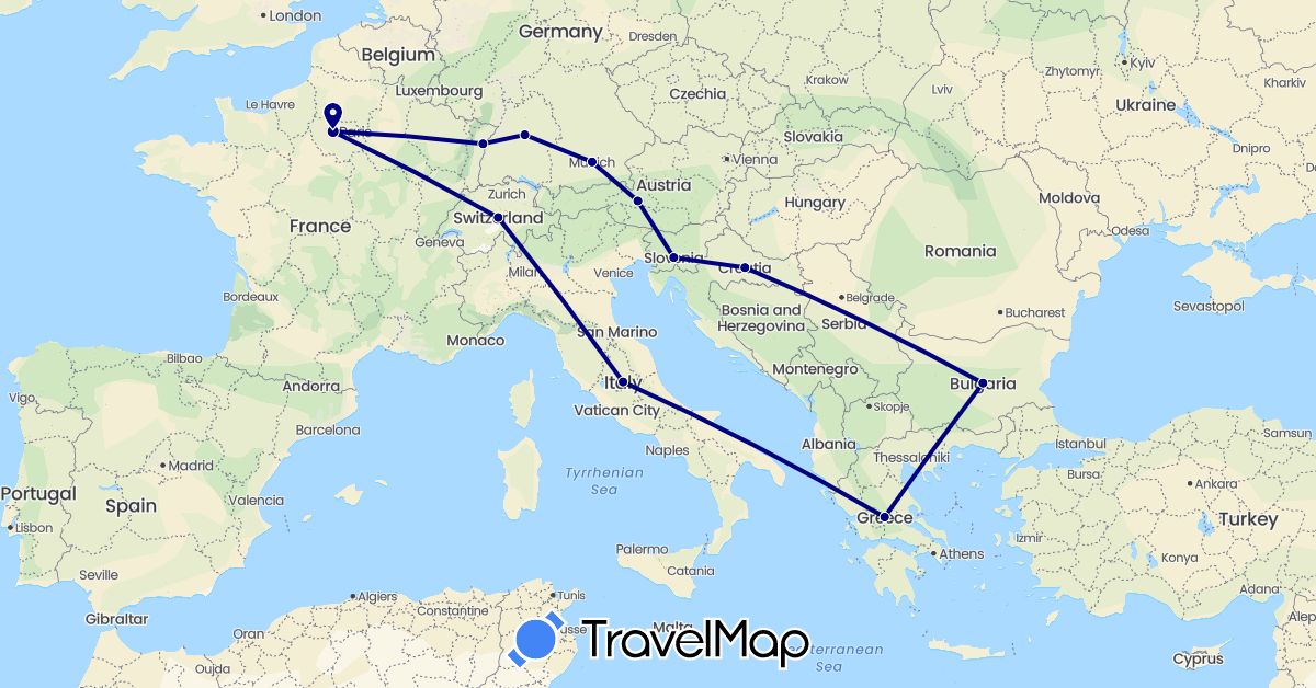 TravelMap itinerary: driving in Austria, Bulgaria, Switzerland, Germany, France, Greece, Croatia, Italy, Slovenia (Europe)